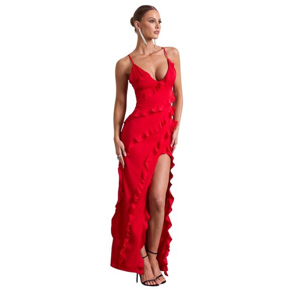 NWT Club L Red Ruffle Plunge Maxi Dress US 4 UK 8 Wedding Guest Formal Sexy - Picture 1 of 16
